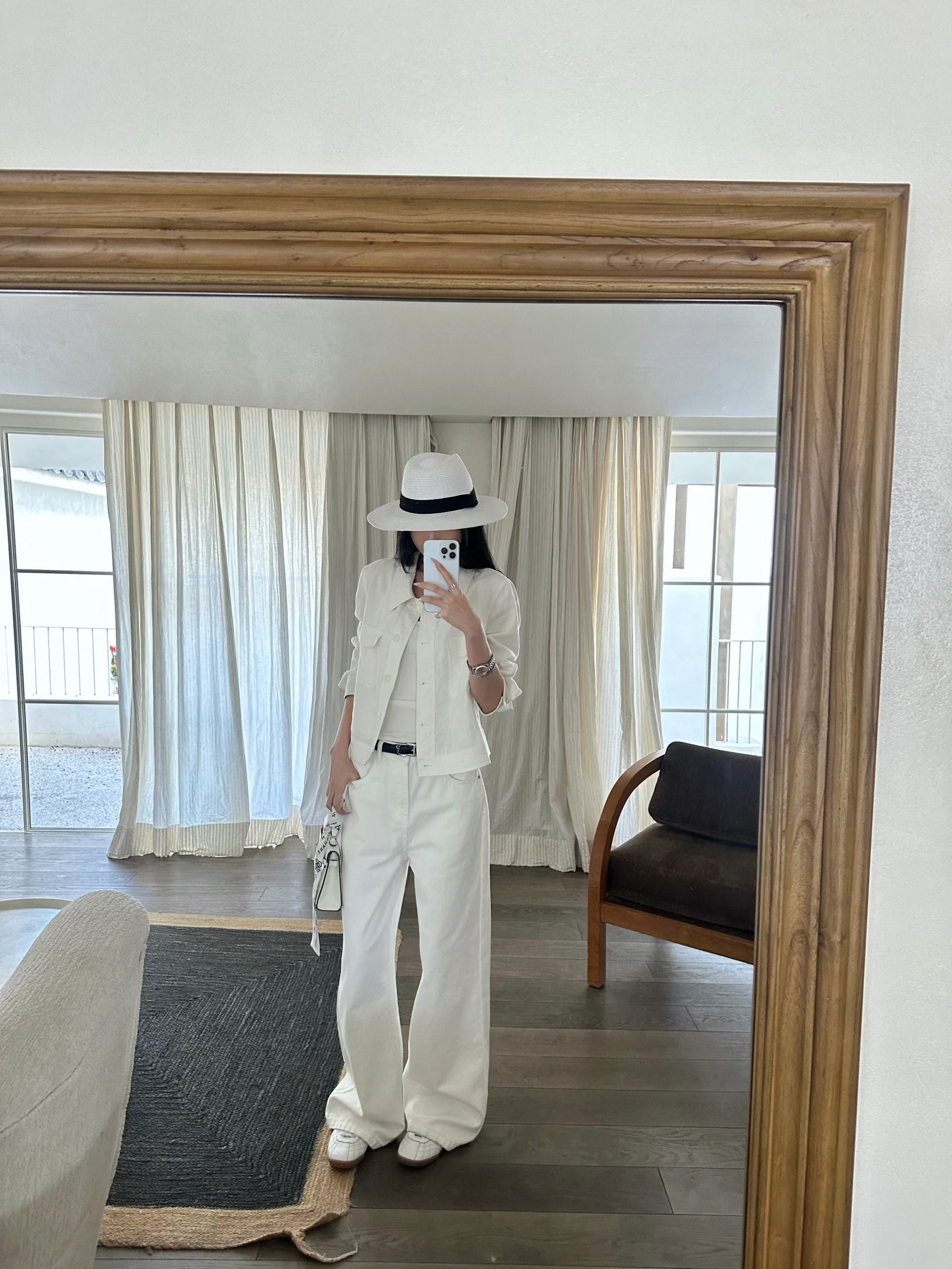 

5werkwen Classic Straight Leg White Jeans Diagonal Stripe Slimming Effect Pure Cotton Casual Trousers for Women