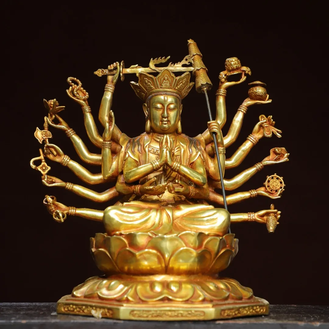 

11"Tibetan Temple Collection Old Bronze Gilded Cinnabar 1000 arm Guanyin Buddha Thousand-hand Bodhisattva Backlight Town house