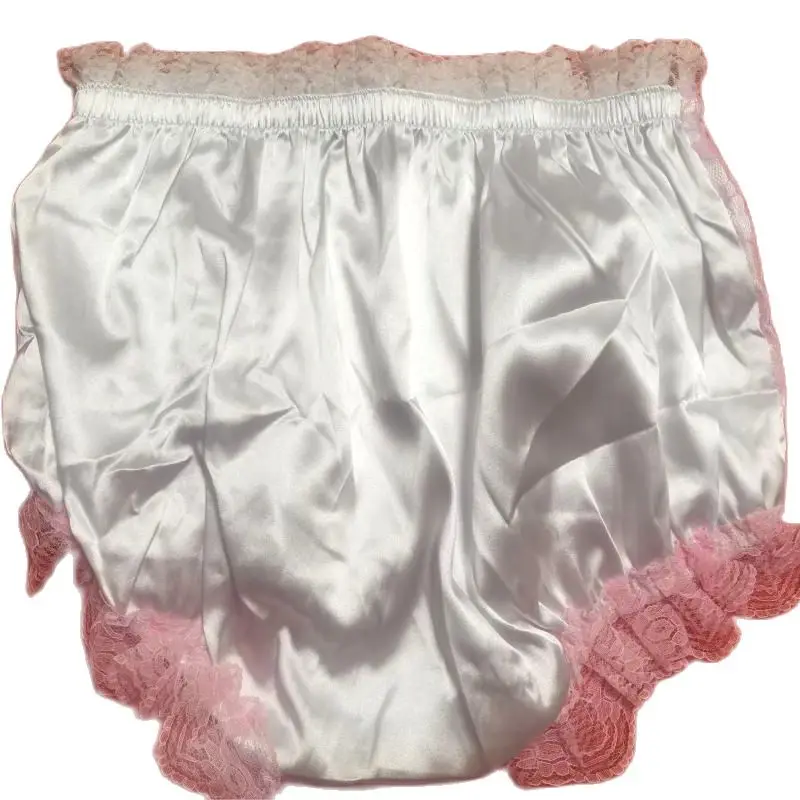 French Sexy Adult Customized Fetishist Crossdressing Sissy White Satin with Pink Lace Lace Embedding Elastic Waist Shorts