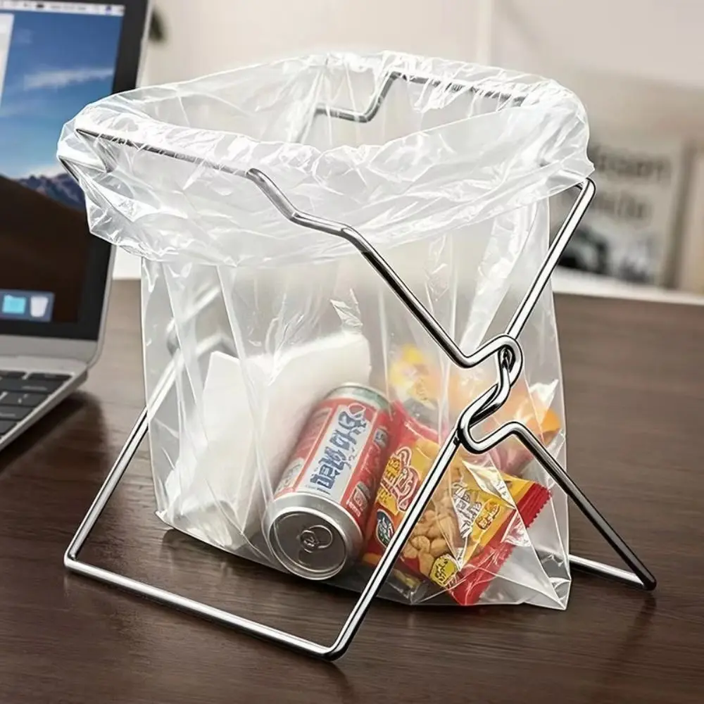 Stainless Steel Trash Bag Holder Foldable Freestanding Kitchen Waste Rack Open Frame Reusable Waste Bag Holder Sink Side Cleanup
