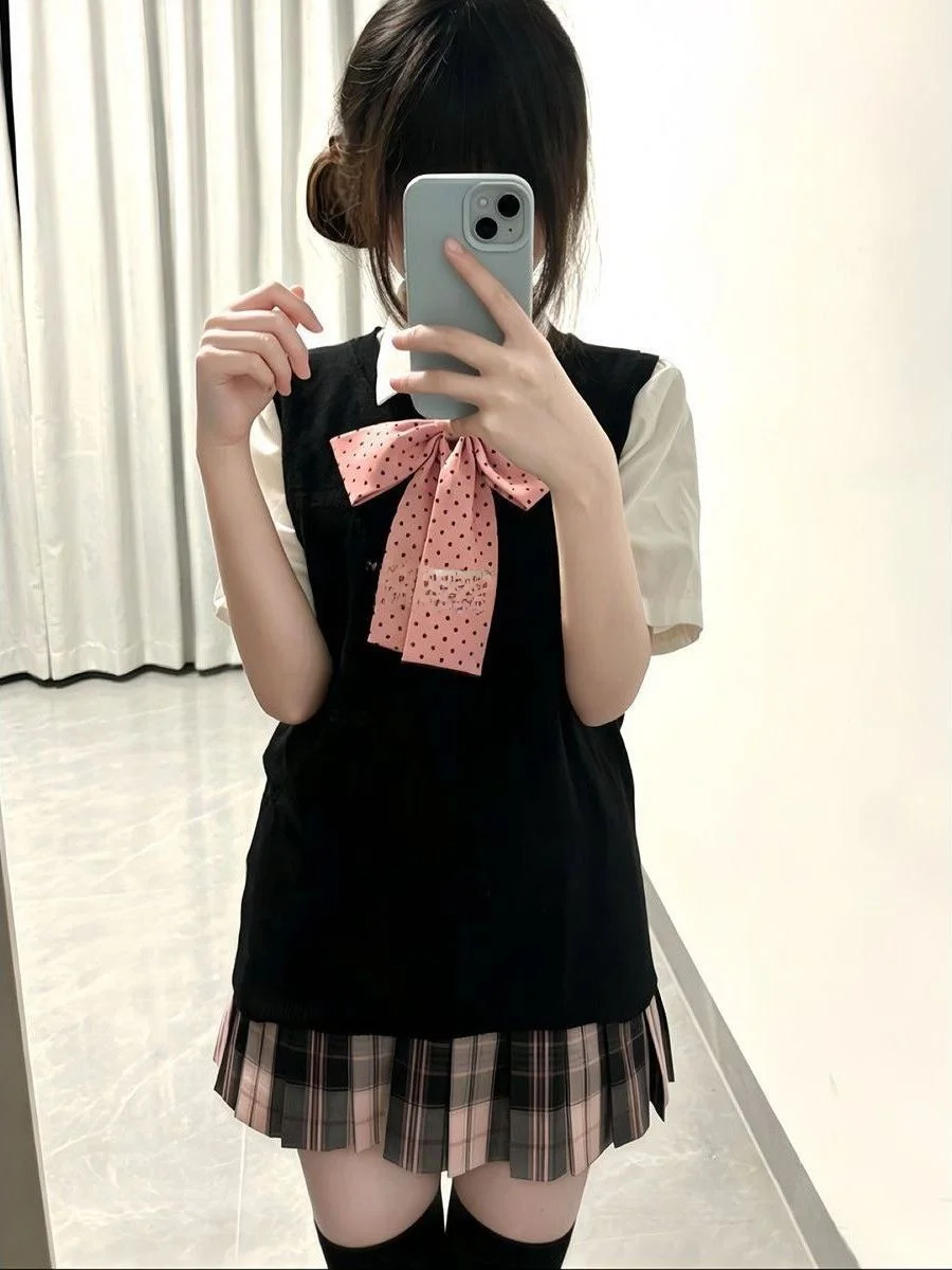 Pink Fog Sea JK Uniform Knitted Vest Basic Shirt Original Plaid Skirt Set Women's Fashion College Style Short Sleeve Button up