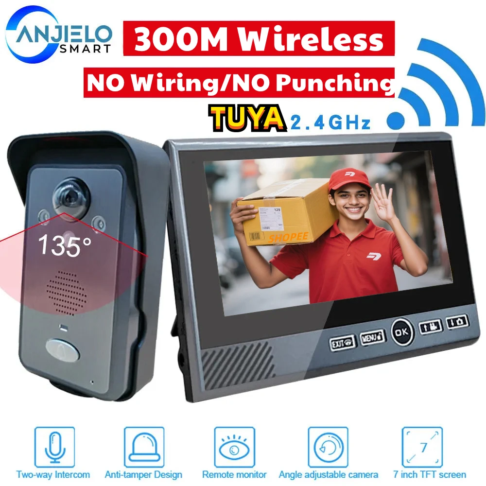 

ANJIELO Tuya 1080P Беспроводной видеодомофон Безопасная установка Обнаружение движения Видеодомофон с длительным режимом ожидания