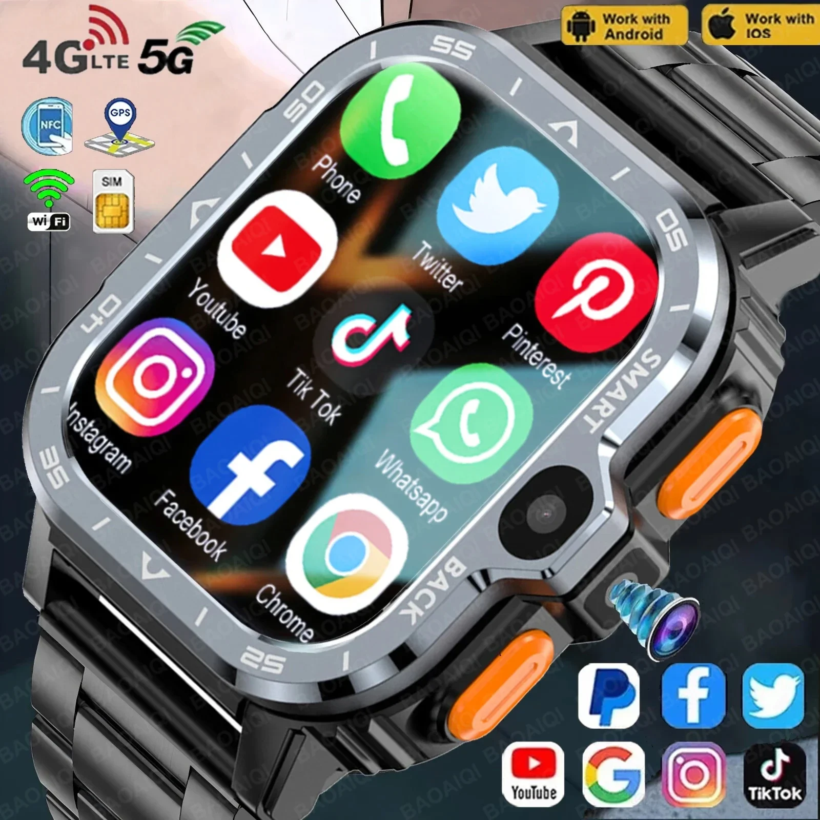 New Android GPS Smart Watch 4G/64G ROM Storage HD Dual Camera NFC Watch 2G 4G SIM Card Global WIFI Wireless Fast Internet Access