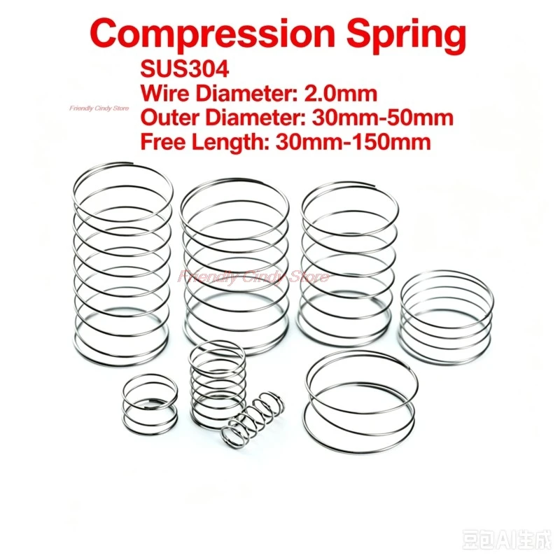 2Pcs Wire Diameter 2mm SUS304 Stainless Steel Large Diameter Compression Spring OD=30mm~50mm Free Length 30mm ~ 150mm