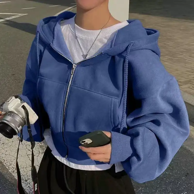 Meisje Ins Herfst Winter Korte Stijl Grijze Kapmantel Mode Losse Rits Hoodie Student Veelzijdige Minimalistische Nieuwe Tops Groothandel