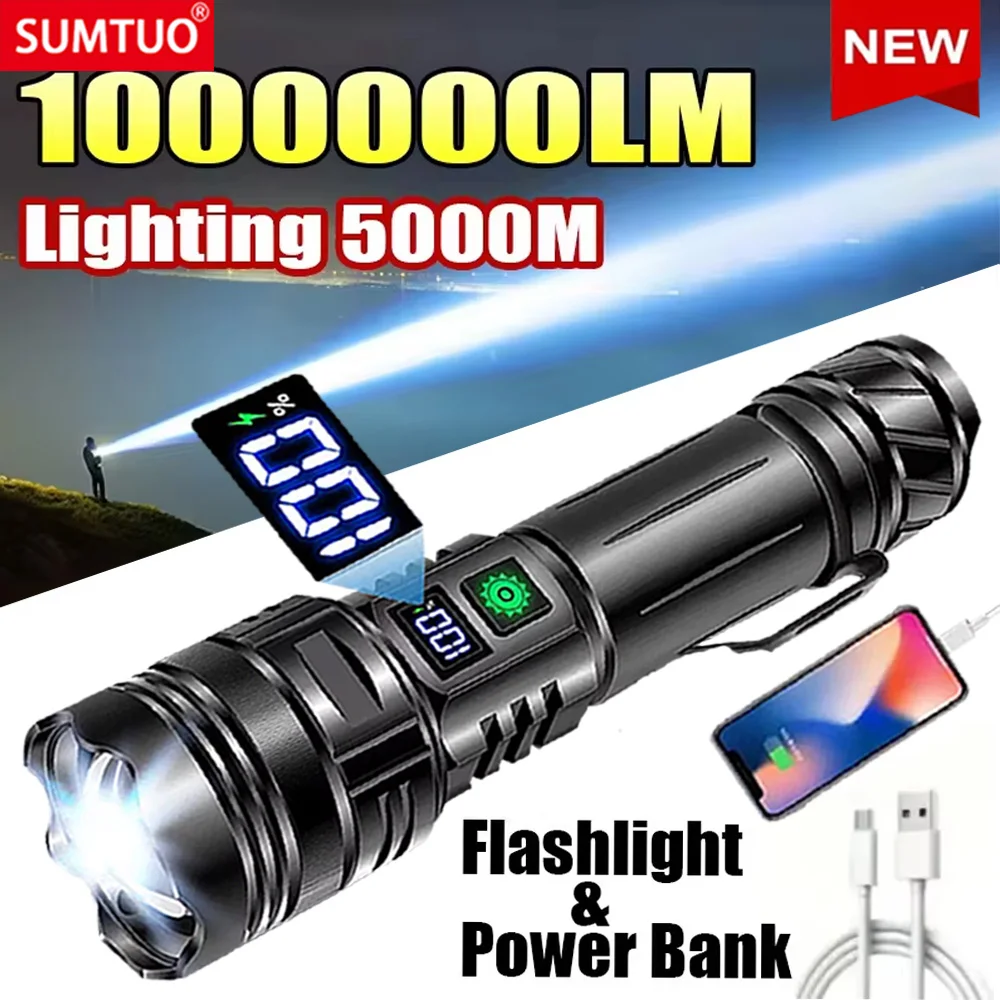 

1000000LM Ultra Powerful Flashlight Zoom 5000M Long Range Torch High Power Led Flashlights Rechargeable Strong Tactical Lantern