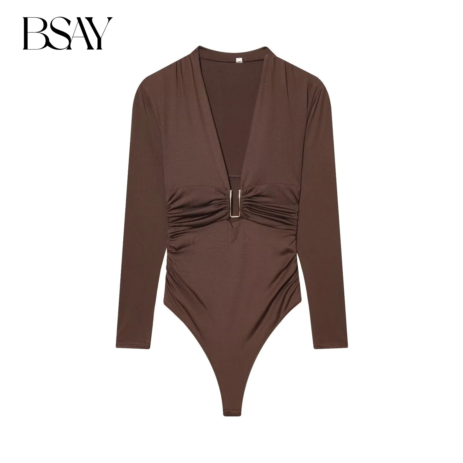 

BSAY Fold Nylon Jumpsuit for Women Fashion Autumn Winter New Sexy Solid Color Long Sleeved V-neck Chic Female Bustier Tops Mujer