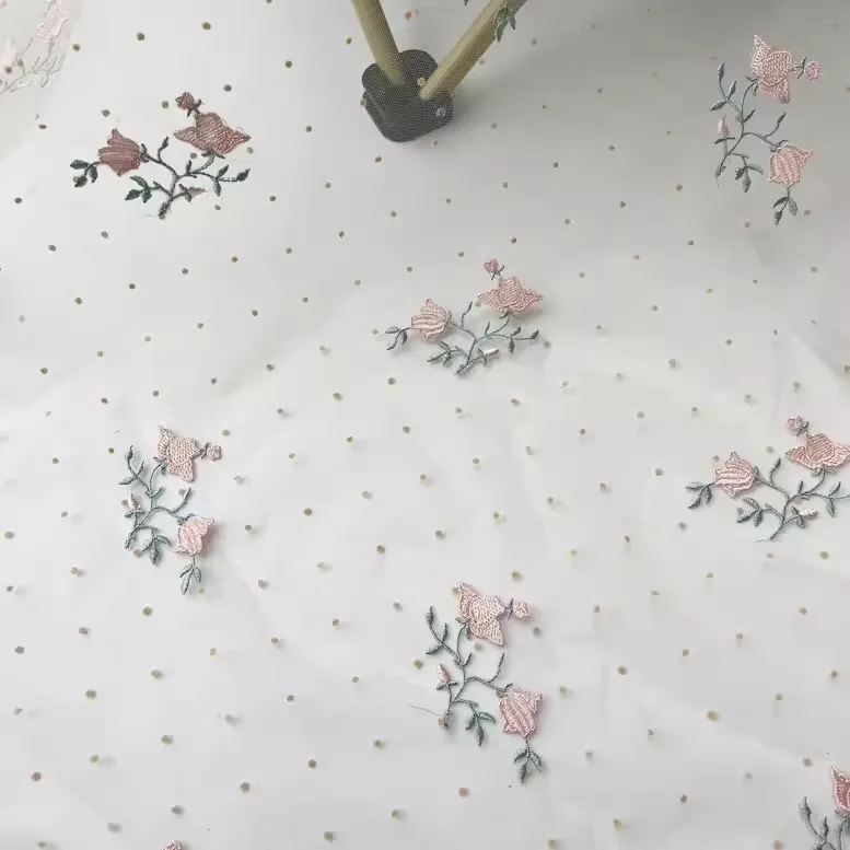 Apricot pink mesh flocking embroidery lace fabric orchid embroidery dress for women skirt doll dress material