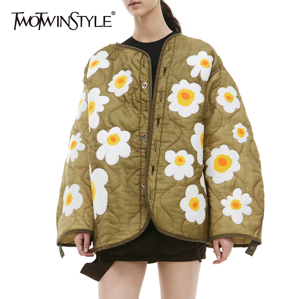 

TWOTWINSTYLE зеленая шикарная куртка с цветочным принтом, женская свободная милая уличная одежда с круглым вырезом и длинными рукавами, женские хлопковые пальто, новинка зимы
