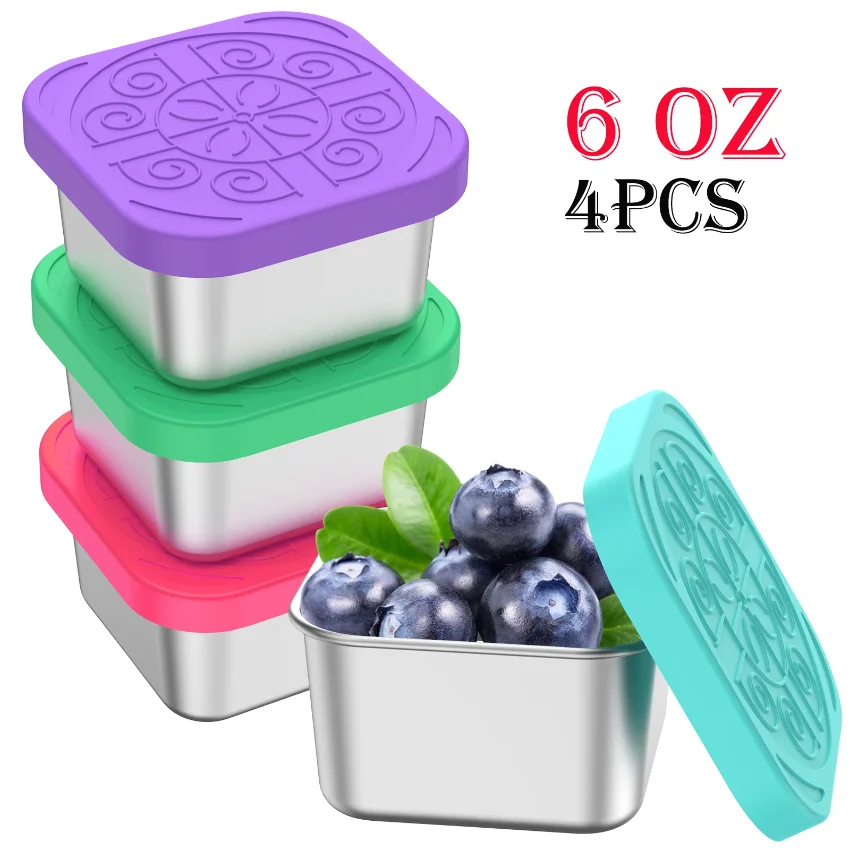 

4PcsSnack Container Stainless Steel Salad Box with Silicone Lids Leakproof Portable Stackable Dressing Food Storage Box