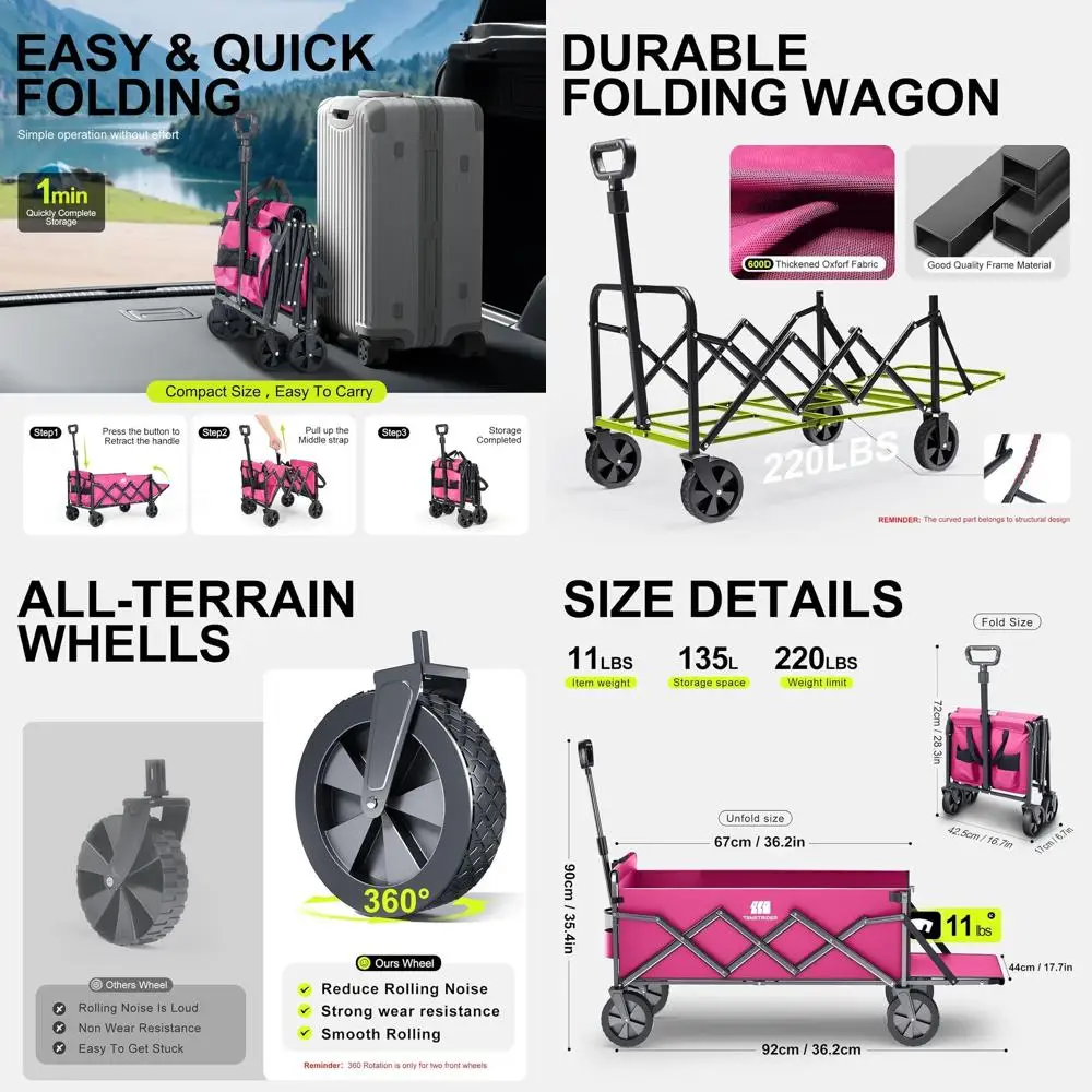 

Портативный складной фургон с расширенной задней дверью, сверхпрочная тележка для покупок, садоводства, кемпинга и активного отдыха розового цвета