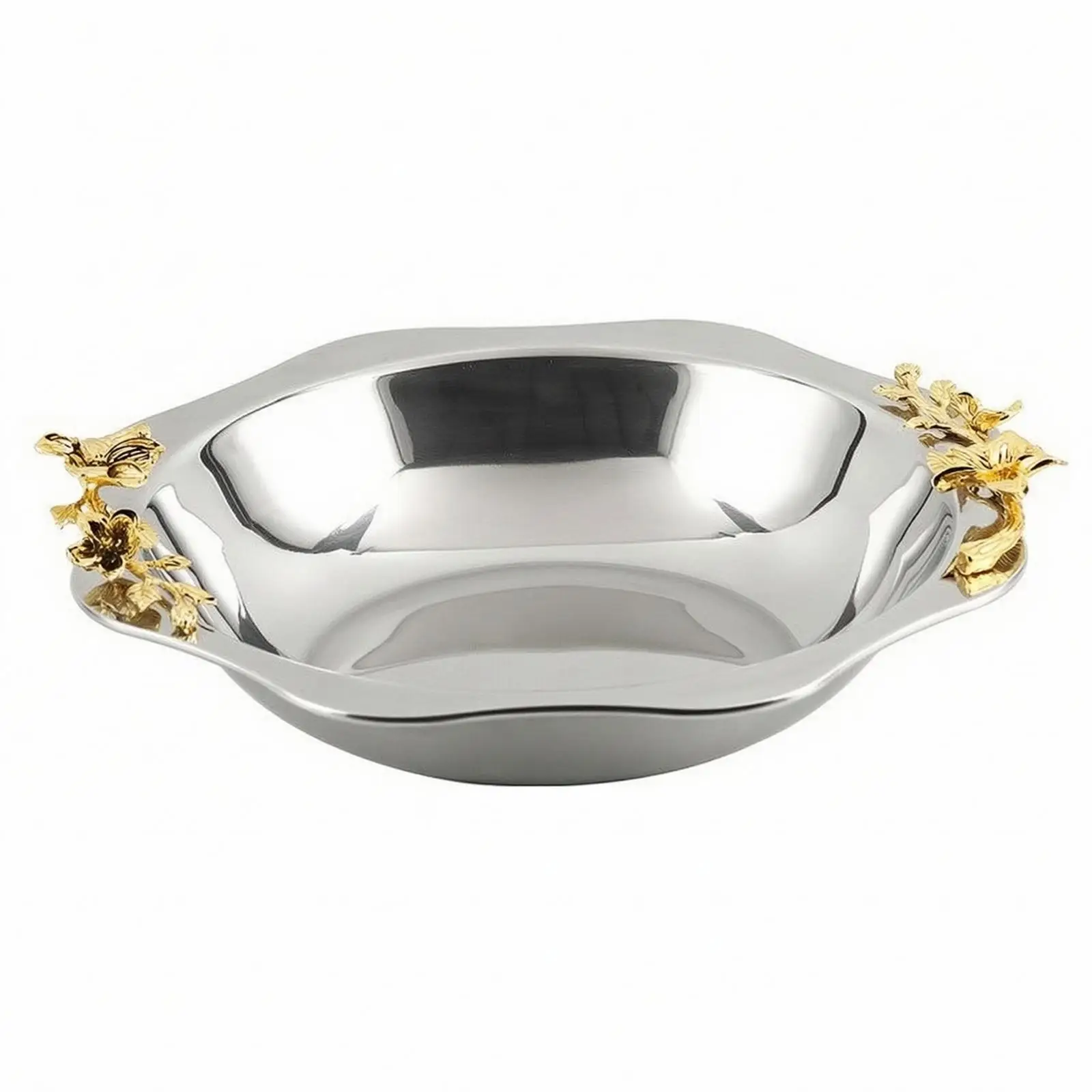 Stainless Steel Industrial Tray Decorative Silver Serving Platter with Gold Floral Rim for Home Table Centerpiece