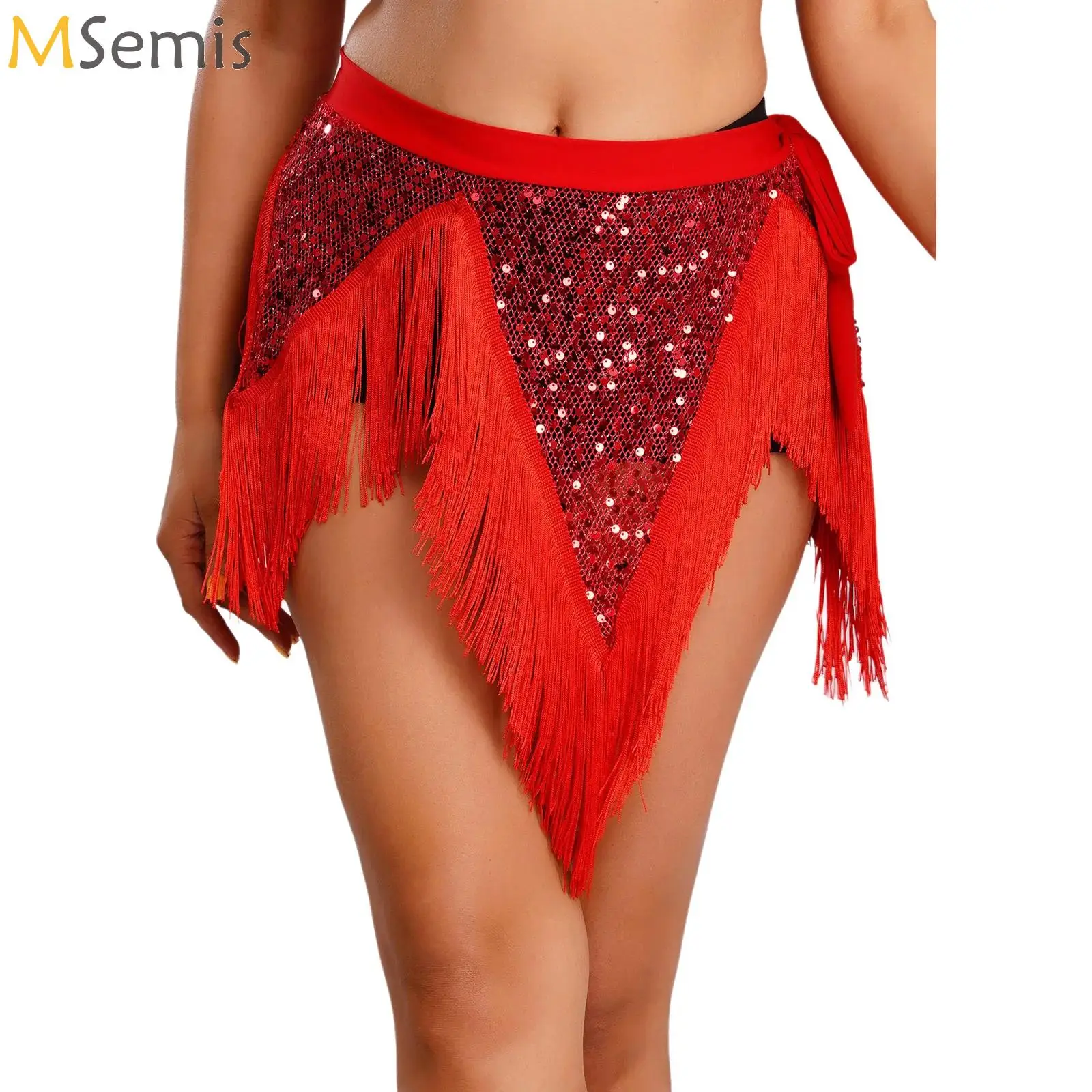 

Женский хип-шарф для танца живота, блестящая сетка с блестками, сетка, нерегулярный подол, распашная юбка с кисточками на шнуровке на талии, танцевальная одежда с запахом на талии