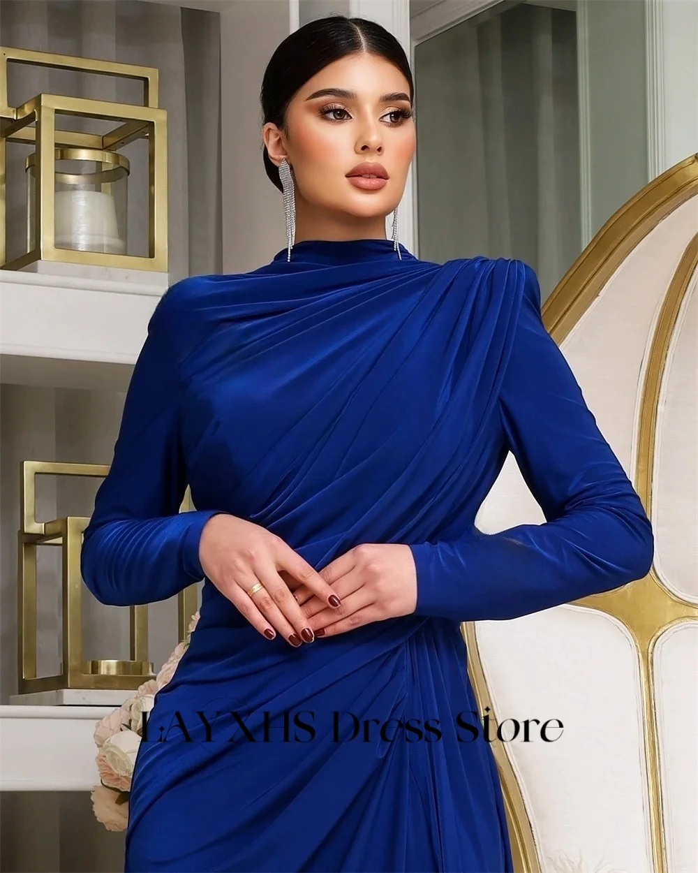 LAYXHS Vestidos de noite elegantes azul marinho, gola redonda, mangas compridas, costas nuas, flores 3D, linha A, vestidos formais de baile personalizados