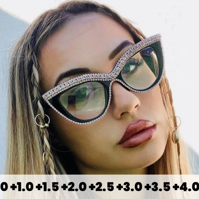 Personalized Luxury Women Presbyopia Glasses Cat Eye Diamond Studded Reading Glasses Men Anti Blue Light Far Sight Eyeglasses