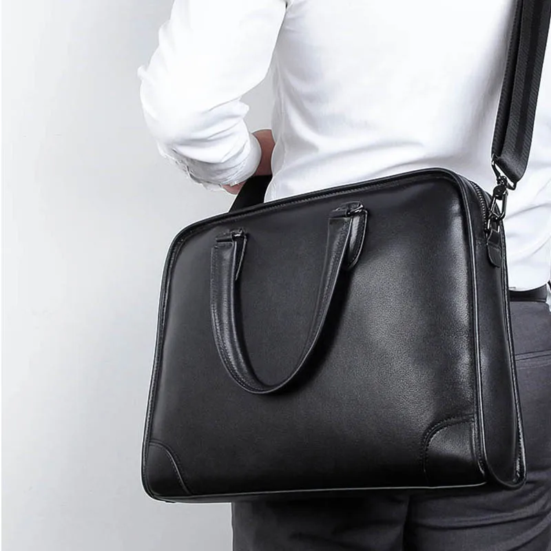 Men Business Briefcase Black Genuine Leather 14" Laptop Handbag Cowhide Shoulder Messenge Bag For Male PC Daily Work Tote