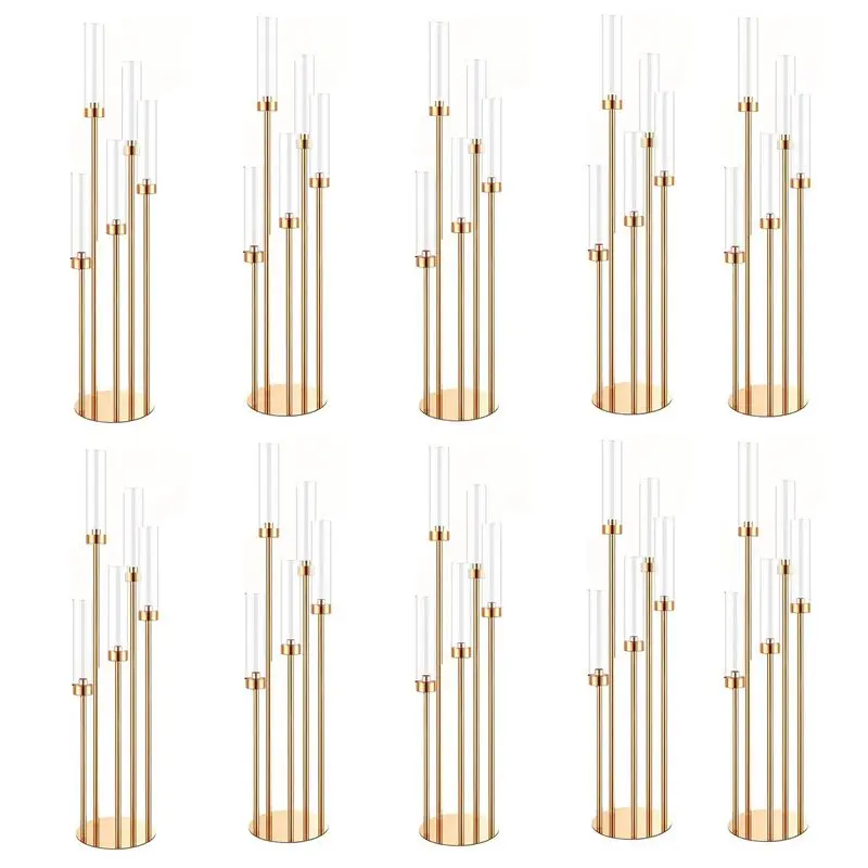 

10pcs 5/8 Heads Metal Candelabra Candle Holders Road Lead Table Centerpiece Gold Candelabrum Stand Pillar Candlestick wedding