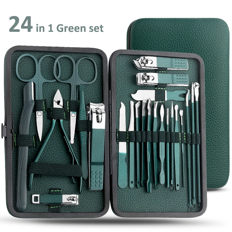 Conjunto de Cortadores de Unhas e Tesouras de Pedicure em Aço Inoxidável Verde 7/13/24 peças - Kit Portátil de Ferramentas para Manicure e Pedicure