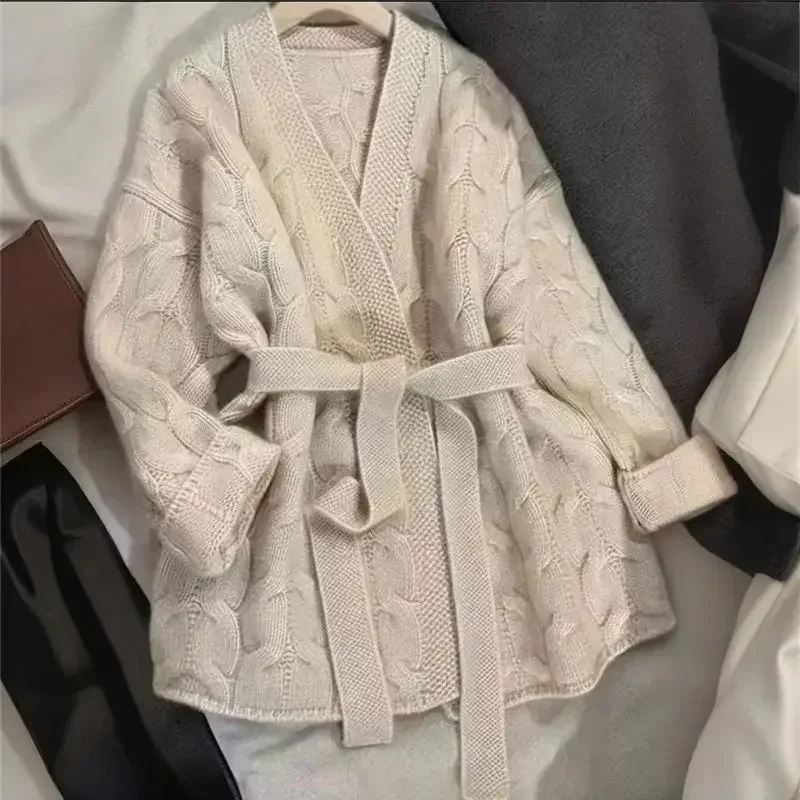 Loose Beige Striped Sweater Women Autumn New  Lazy V-neck Lace-up Wool Knitted Cardigan Jacket Korean Mid Long Knitwear