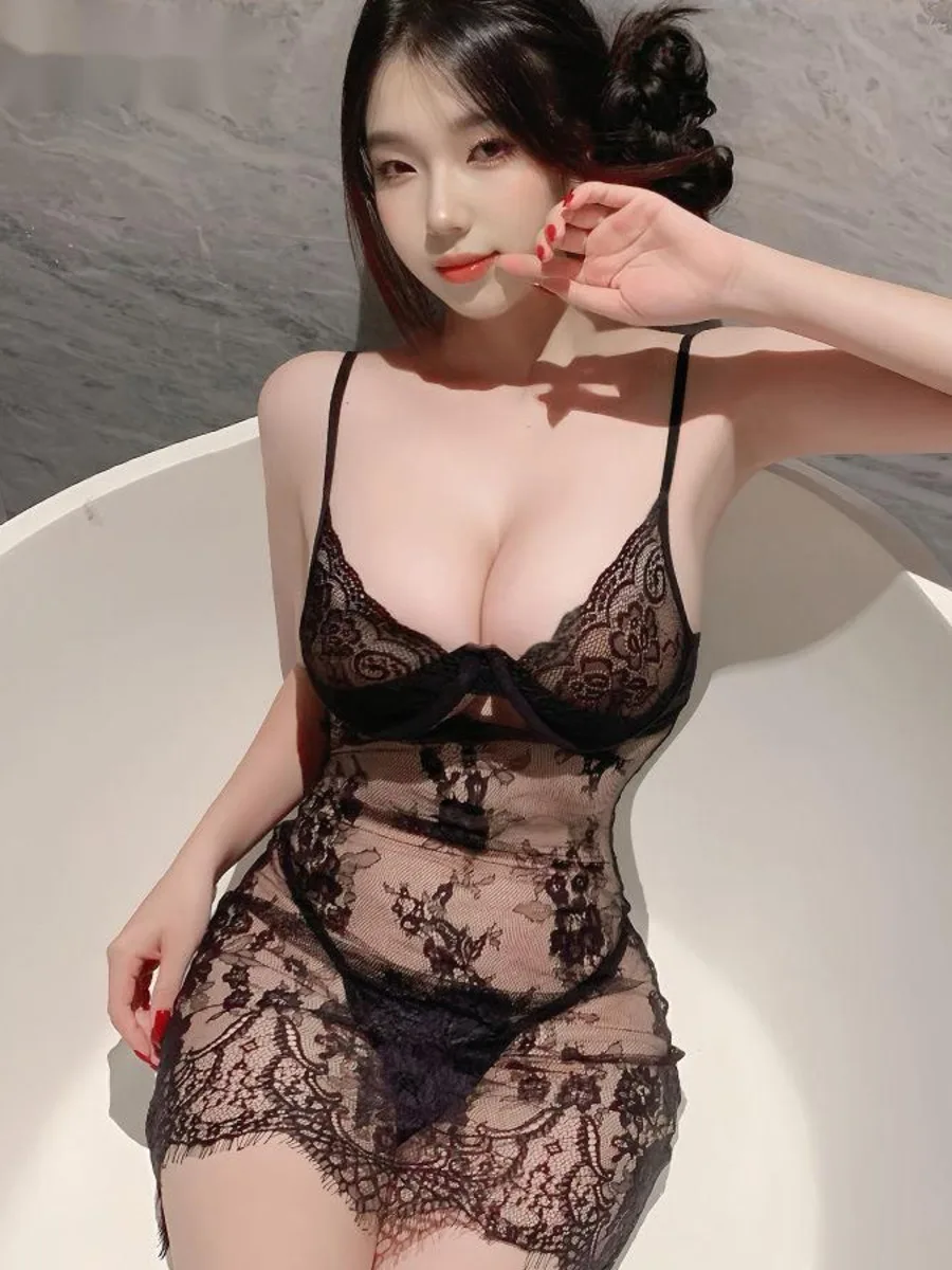 Robe transparente en dentelle pour femmes, Sexy, désir pur, charmante, décolleté en V profond, dos nu, sans manches, bretelles, vêtements de nuit, robe ludique élégante, 7U6E