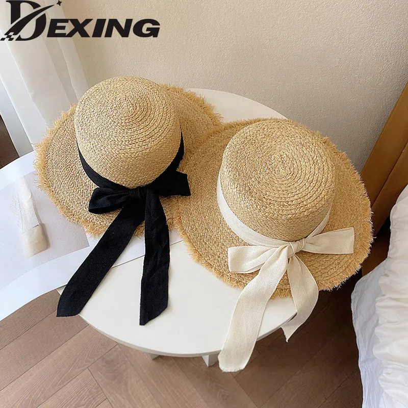 Korea Natural Raffia Wide Birm Sun Hat Daily Casual Falt  Straw Hat Black White Bow Weave uv blocking Beach Hat Vacation Panama