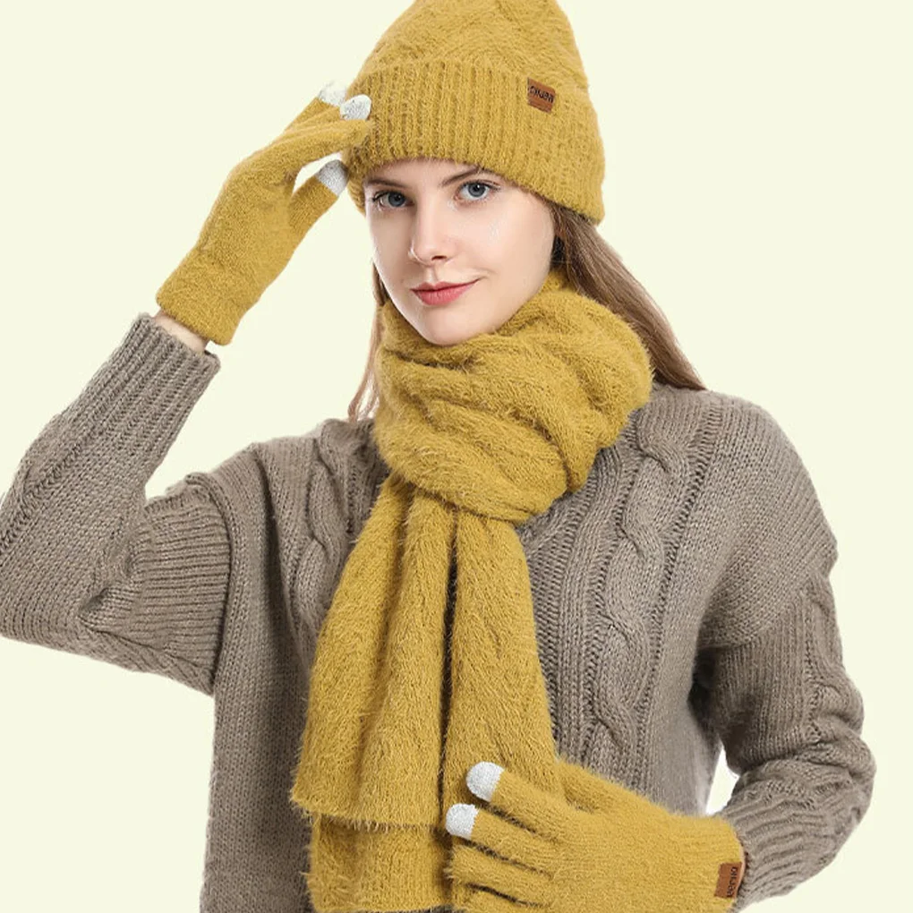 3 قطعة/المجموعة النساء الشتاء قبعة وشاح قفازات فو الفراء الكرة المراهقين الفتيات محبوك دفئا دعوى آذان دافئة امرأة قبعة مجموعة ركوب الخيل في الهواء الطلق