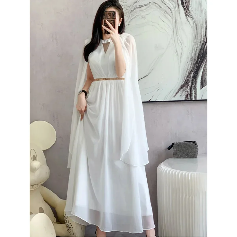 

New fashion luxurious white long dress women sleepveless high-end vintage elegant party dresses vestidos female clothing