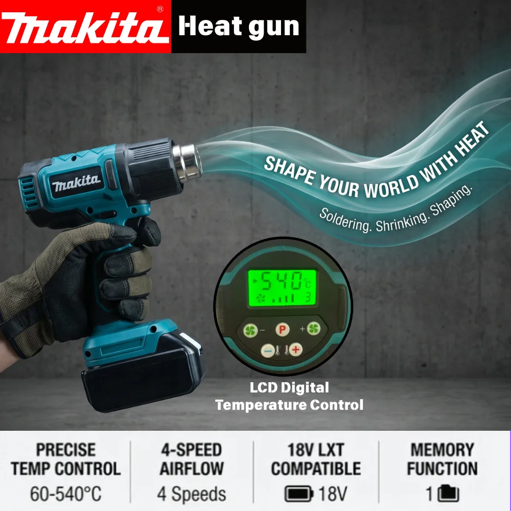 

Makita 18V Heat Gun 60-540℃ 4-Speed 120-210L/min for Shrink Tubing Soldering Epoxy Resin Car Detailing For makita 18V battery