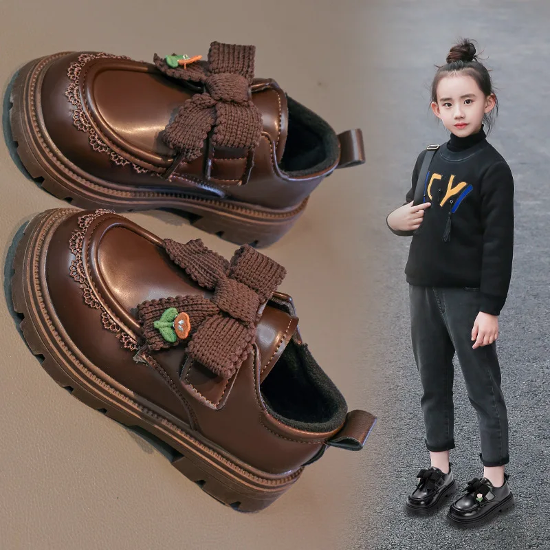 

Флисовые туфли принцессы для девочек, новинка зимы 2025, детские теплые лоферы, корейская хлопковая обувь в стиле Лолиты для больших детей