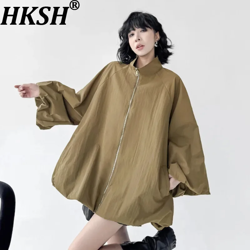 

HKSH Women Jacket Bud Sleeves Stand Collar Zipper Solid Color Vintage Streetwear Casual Ins Oversized Coat Spring Autumn HK11993