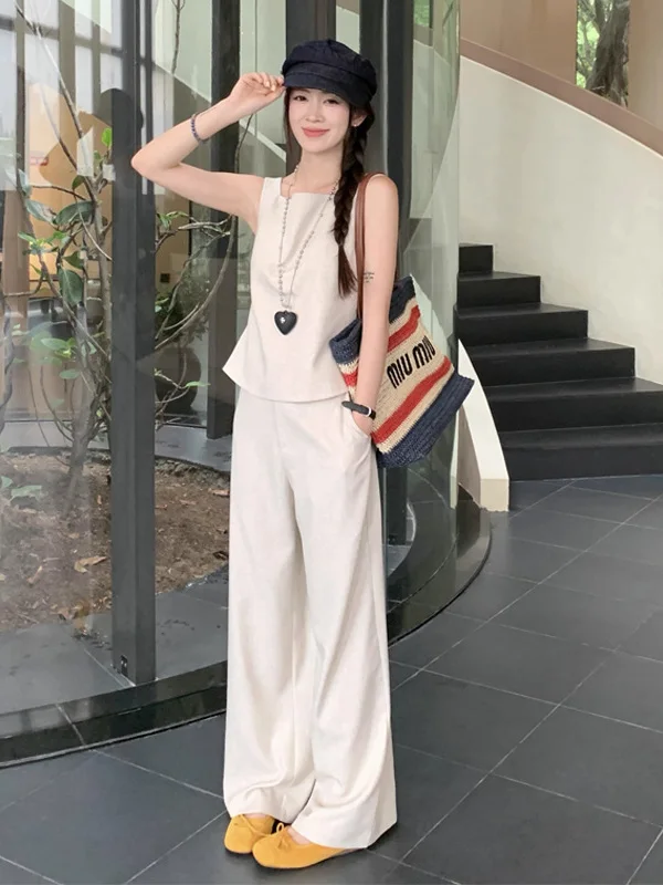 

Elegant Fashionable Sleeveless Top And Wide Leg Pants Women's Two Piece Set Summer 2025 Casual Design High Quality Feeling