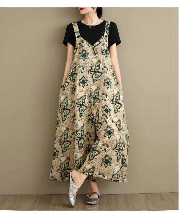 Uoozee Women's Vintage Contrast Color Printed Sleeveless Wide Leg Overalls Adjustable Straps Loose Pockets Casual Jumpsuits