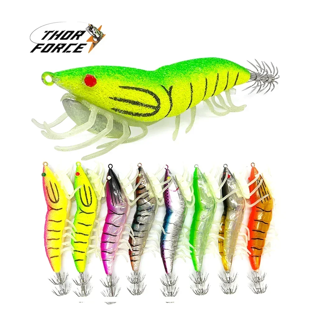 THORFORCE Luminous EGI Wood Shrimp Squid Hook Sea Fluorescent Fishing Bait Soft-Footed jig Artificial Cuttlefish Bait