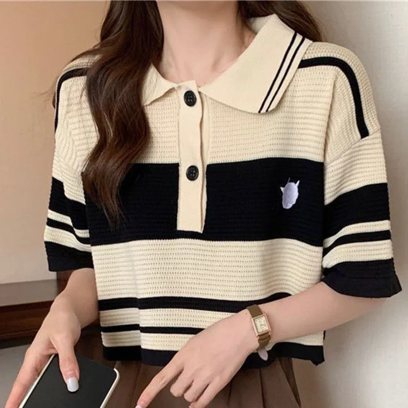 Fashion Thin Short Sleeve T-Shirt Women Summer Loose Turn-Down Collar Knitted Tees Woman Korean Style Pink Colour Striped Blouse