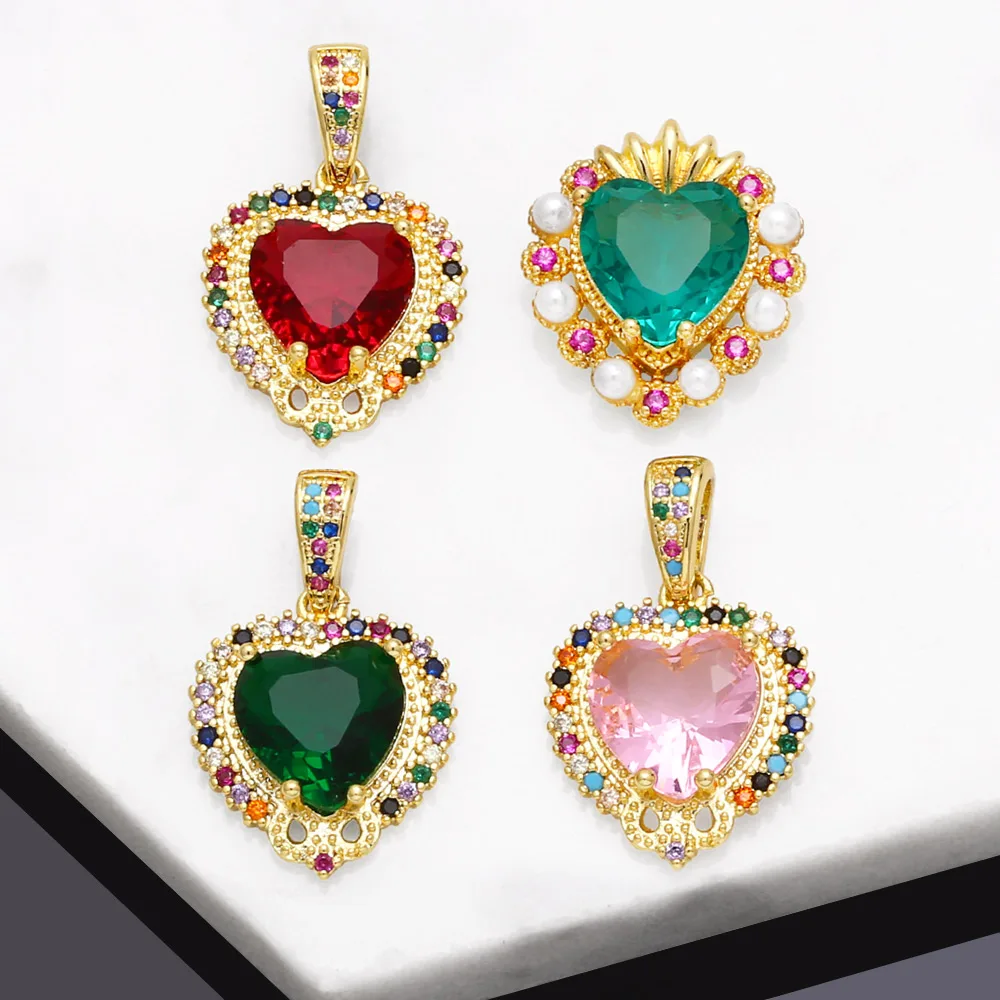 OCESRIO Trendy Multicolor Crystal Heart Pendant for Necklace Bracelet Copper Gold Plated Rainbow Jewelry Making Supplies pdtb081