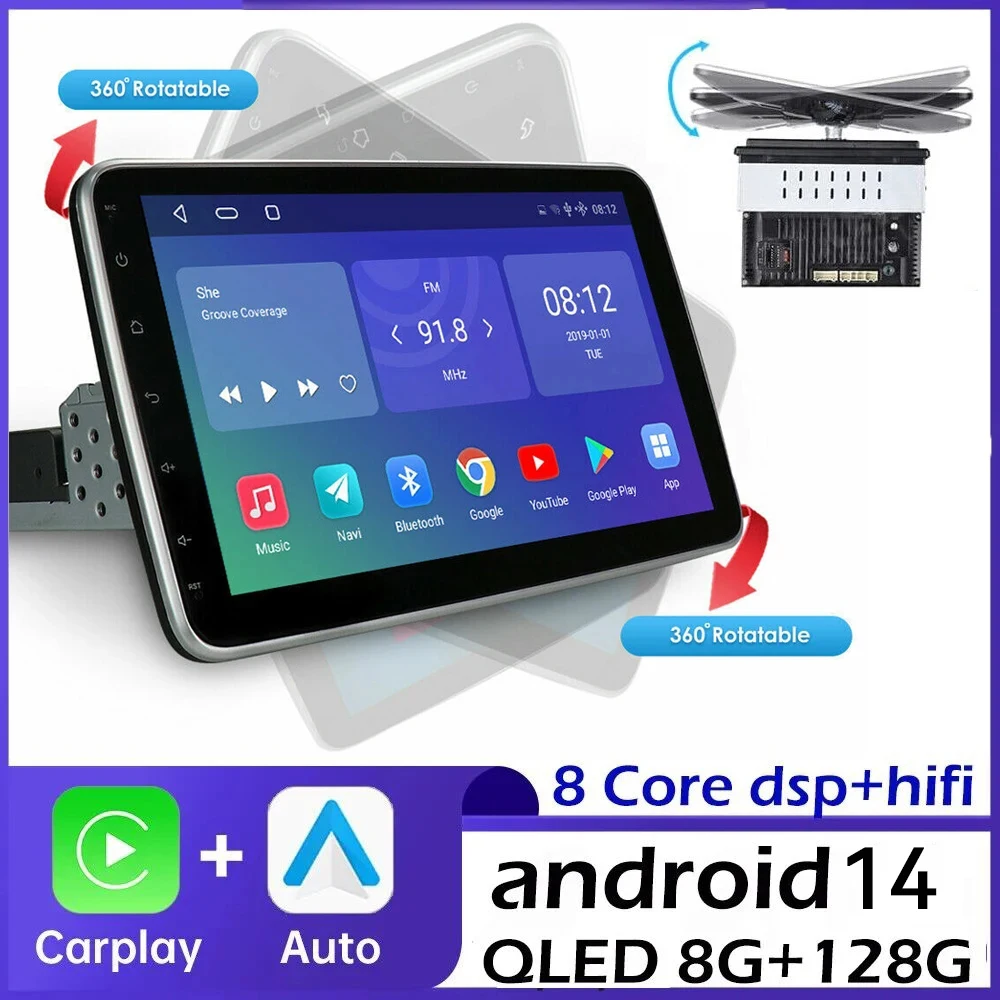 Rádio Multimídia Automotivo Sem Fio com Caplay e Android Auto, Player de Áudio, Tela Rotativa de 10.1 Polegadas, Autorádio Universal com GPS e Wifi