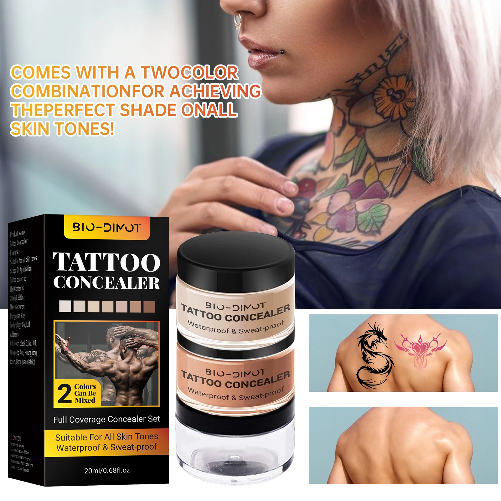 BIO-DIOMT Juego de corrector de tatuajes resistente al agua y al sudor, apto para todos los tonos de piel, aspecto de cobertura para tatuajes, cicatrices y marcas de nacimiento