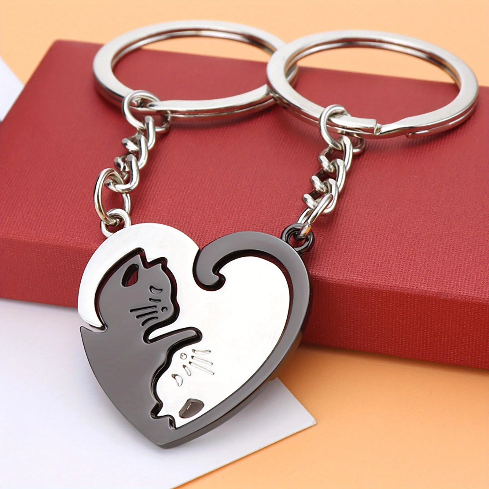 Interlocking Cat Heart Matching Couple Keychains Black Silver Split Puzzle Key Ring Romantic Distance Lover Gift Cute Animal Bag Key Pendant For Women Men image 2