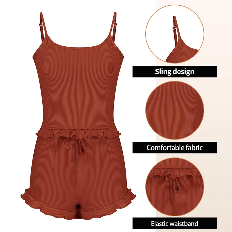 Summer Two-Piece Solid Color Sleepwear Round Neck Sexy Suspender Ribbed Knitted Pleated Vest Shorts Casual Women\'s Sleepwear Set