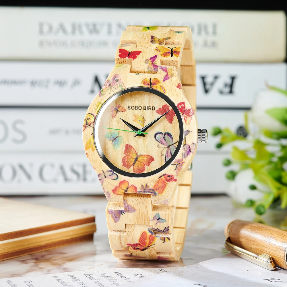 BOBO BIRD Bamboo Watch Women Quartz Wristwatches Lady Timepieces Fashion Butterfly Pattern Watch Gift Dropshipping часы женские