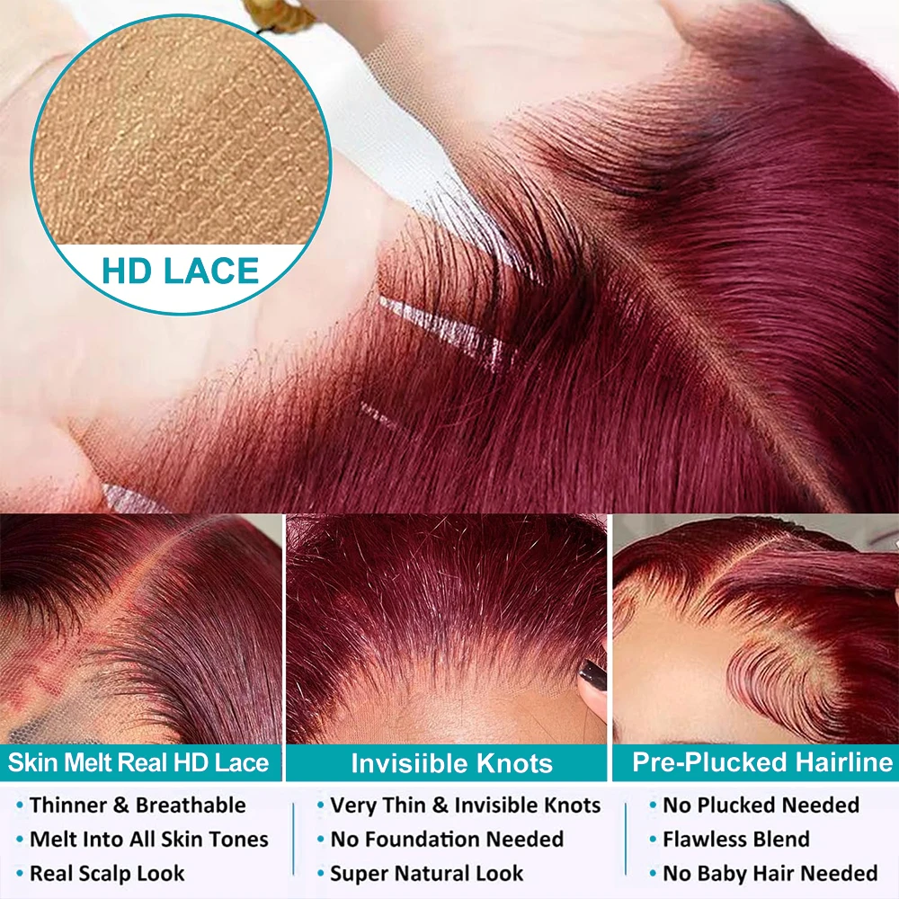 99j بورجوندي الدانتيل الجبهة الباروكات شعر الإنسان الأحمر بورجوندي شعر مستعار 220% الكثافة 13x4 الجسم موجة الدانتيل الجبهة الباروكات قبل قطعها شعري طبيعي