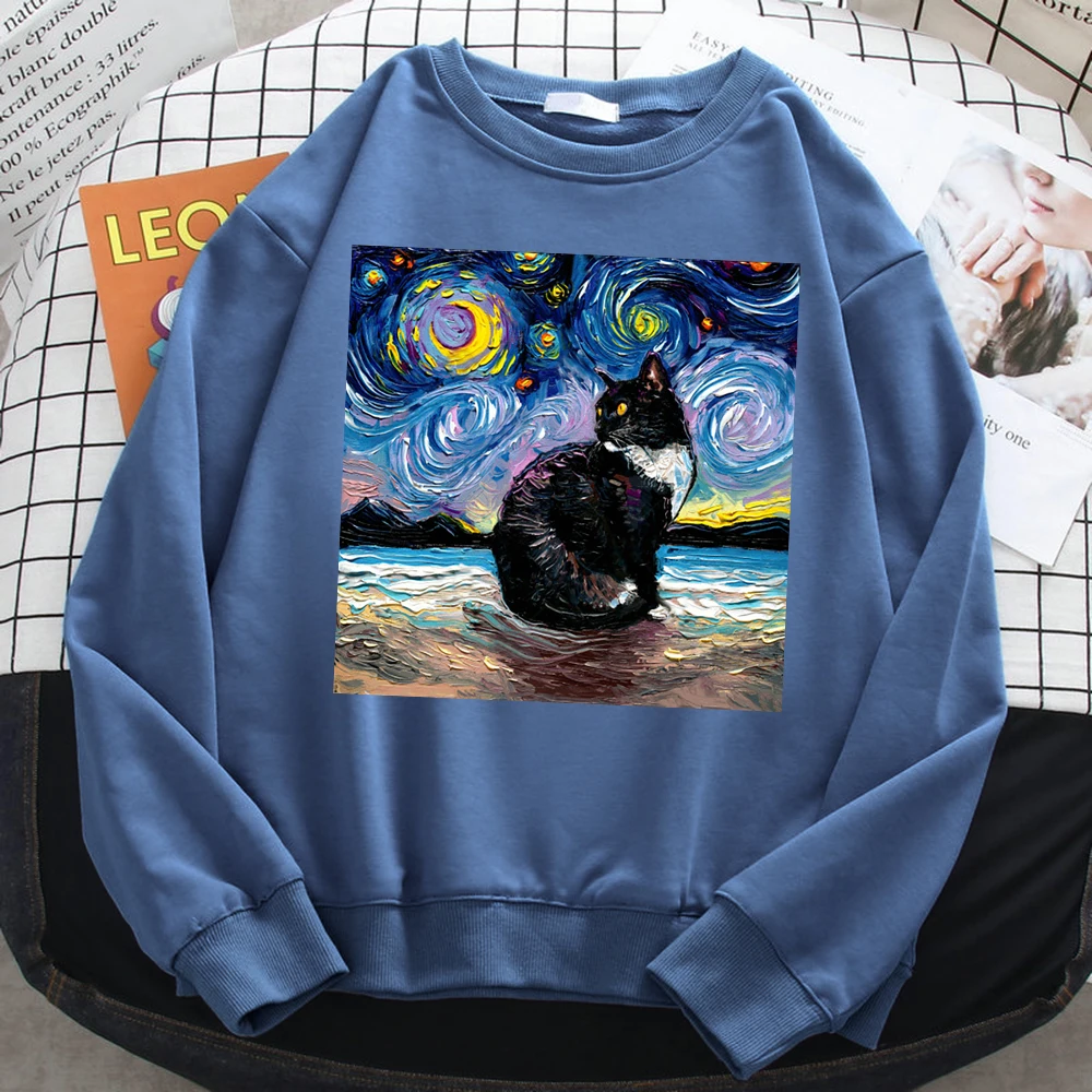 Winter Simple Women\'S Sweatshirt Cat Starry Sky Universe Print Hoodie Comfortable Fleece Pullovers Loose Warm Female Sportswears