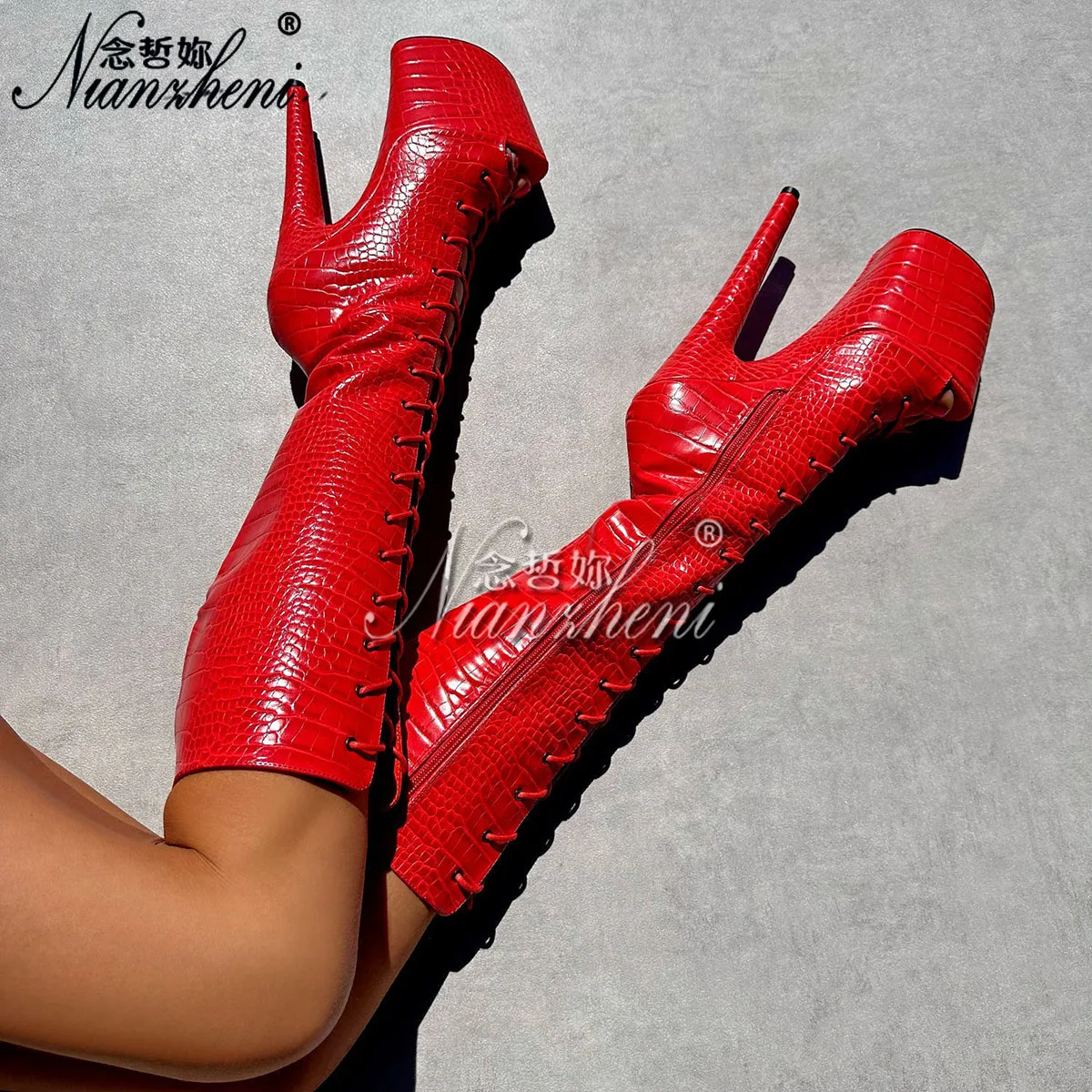 8Inch Red Women Shoes Knee High Boots Open Toe 20cm Heels Gothic Mid-Calf Thin Heels Crossdresser Pole Dance Nightclub Exotic