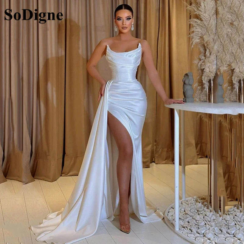 

SoDigne Memraid Prom Dresses For Wedding Party Sexy Satin High Split Evening Dress Mermaid Formal Party Night Gown