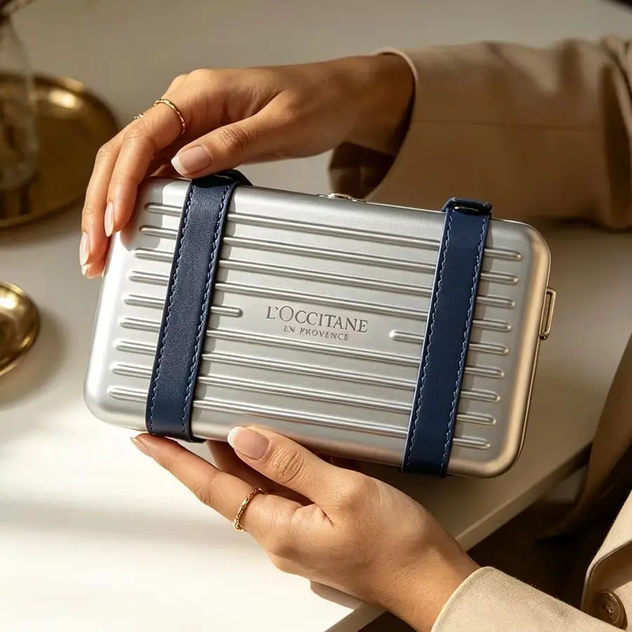 Loccitane ABS Hard Shell Cosmetic Bag Silver Metallic Paint Vertical Stripe Pressure Resistant Detachable Adjustable Dark Blue P view 4