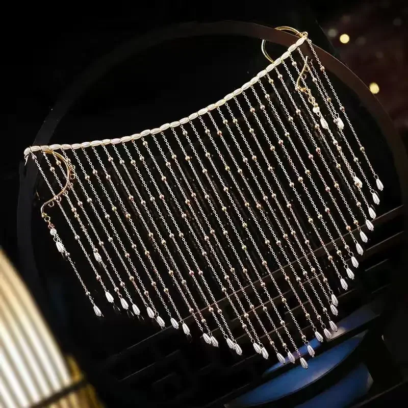 Womens Imitation Pearl Beads Tassel  Veil Chinese Hanfu Face Curtain