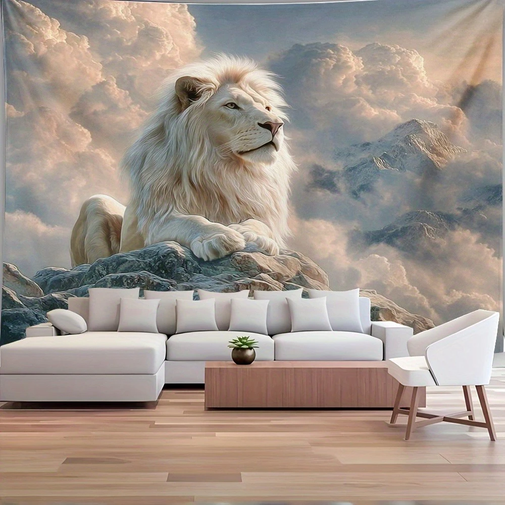 1pc Majestic Rock White Lion Canvas Tapestry - Polyester Fabric, Perfect for Living Room, Bedroom Decoration