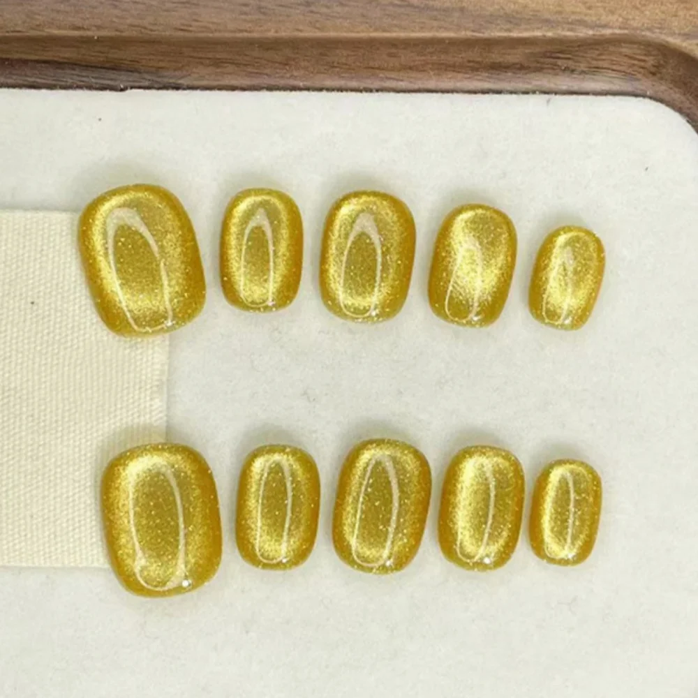 10 stuks draagbare zomer handgemaakte pers op nagels set paars kattenoog korte ronde kunstnagels tips eenvoudige effen kleur nep nagel kunst