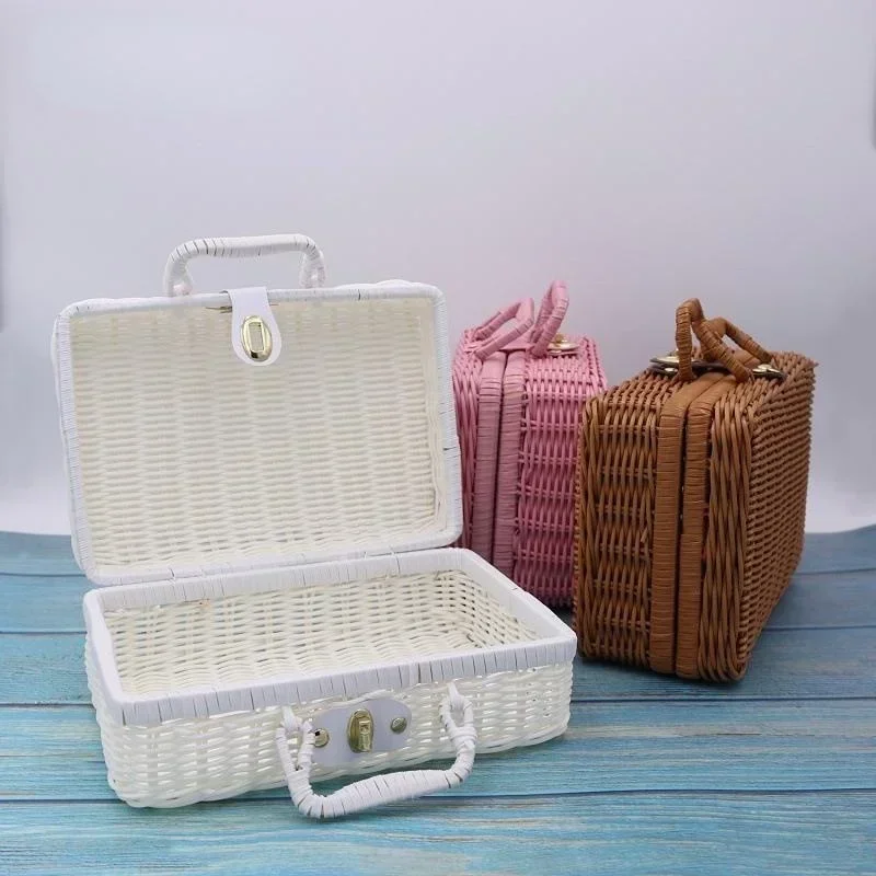 Rattan-like Finishing Box Woven Rattan Basket Retro Storage Box Decorative Props Suitcase with Hand Gift Box