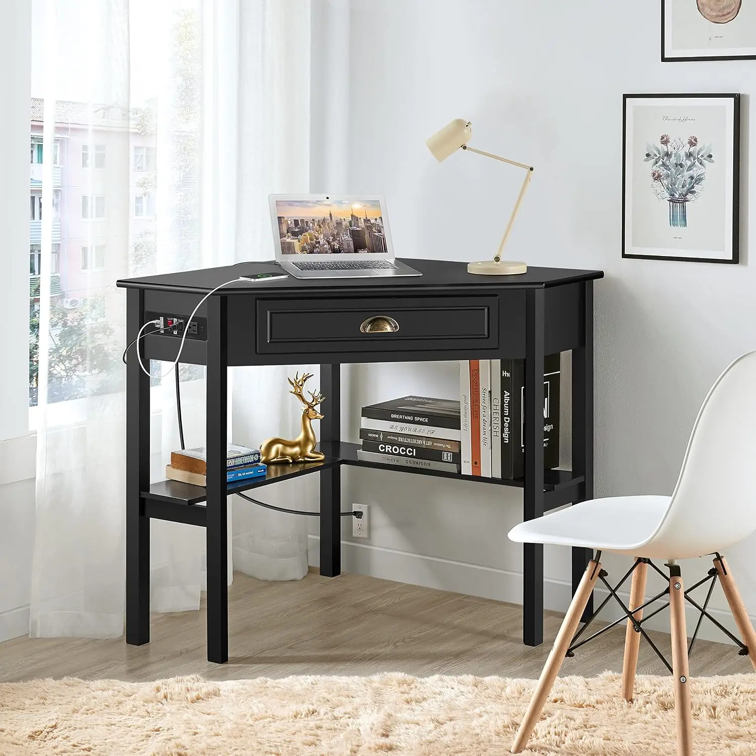 Small Black Corner Desk with Built-in Outlet Drawer Shelf, Customized